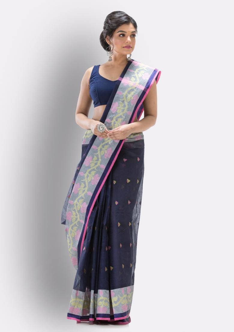 Navy Blue Embroidered Cotton Saree