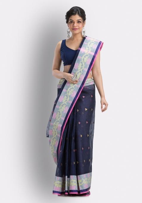 Navy Blue Embroidered Cotton Saree