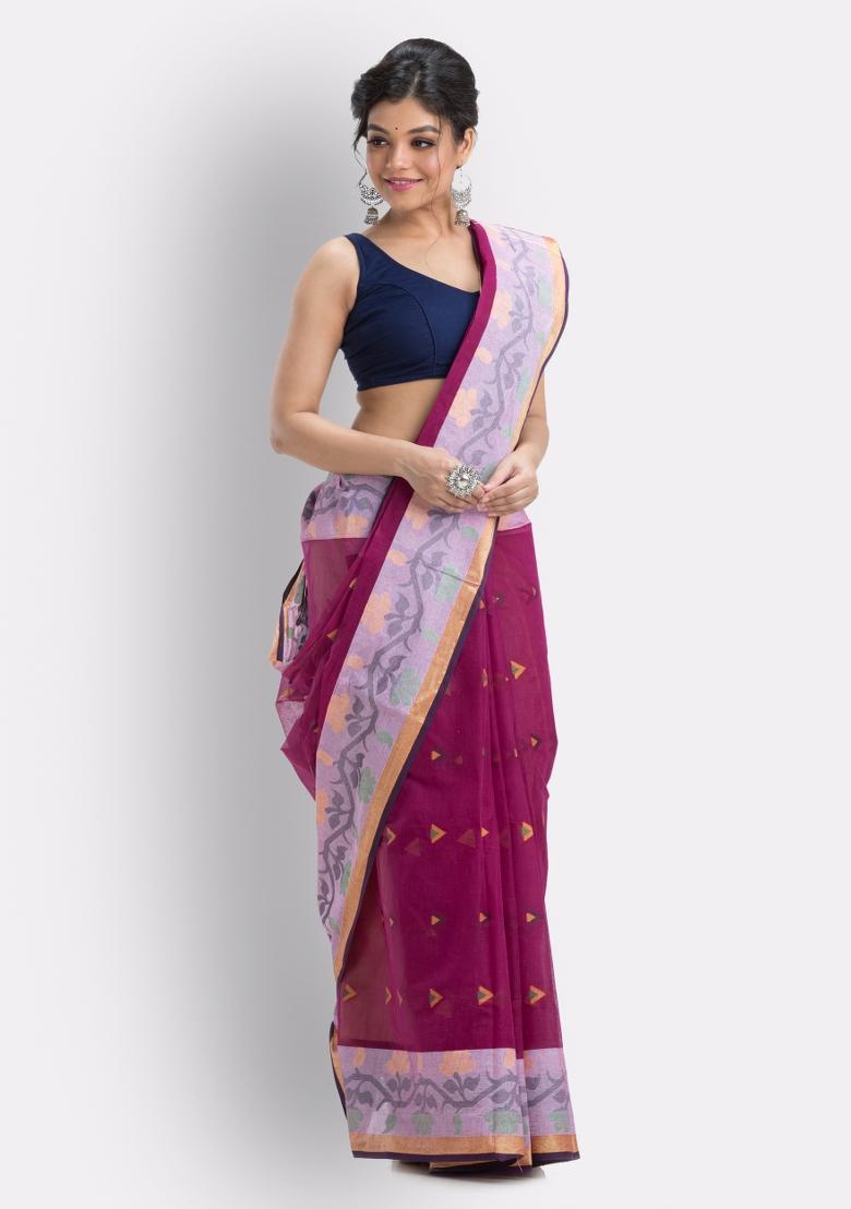 Magenta Embroidered Cotton Saree