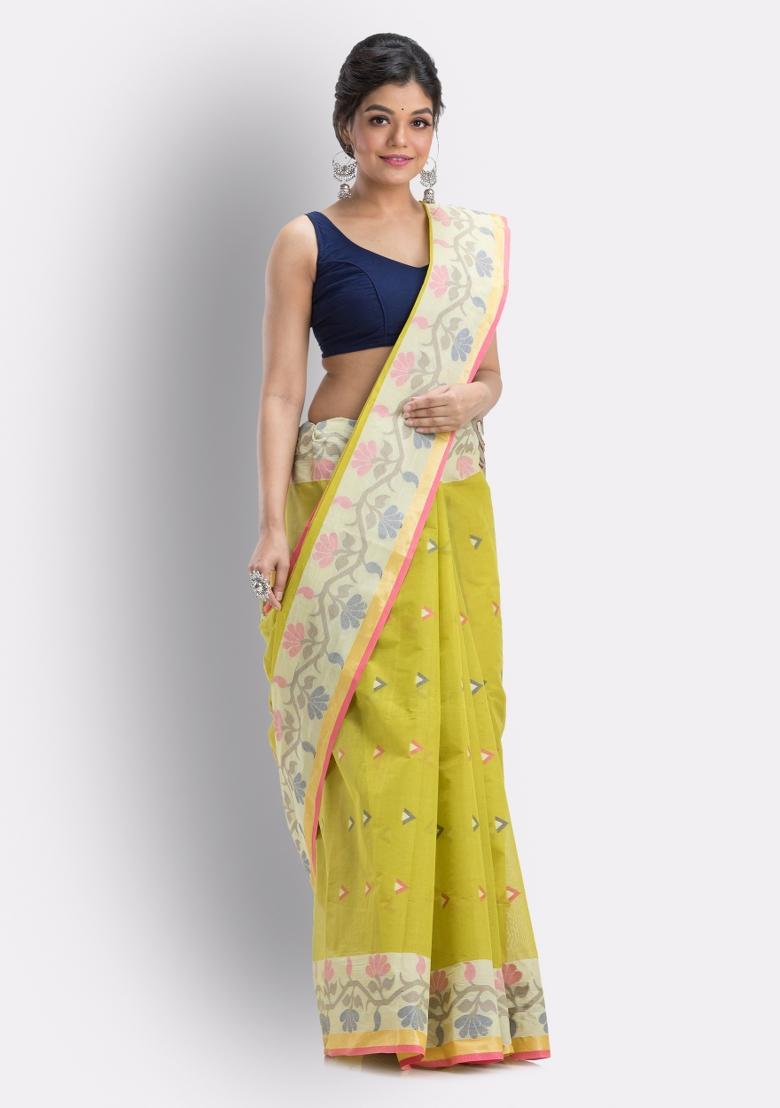 Lemon Embroidered Cotton Saree
