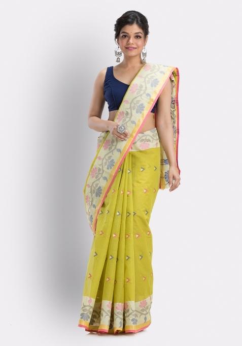 Lemon Embroidered Cotton Saree