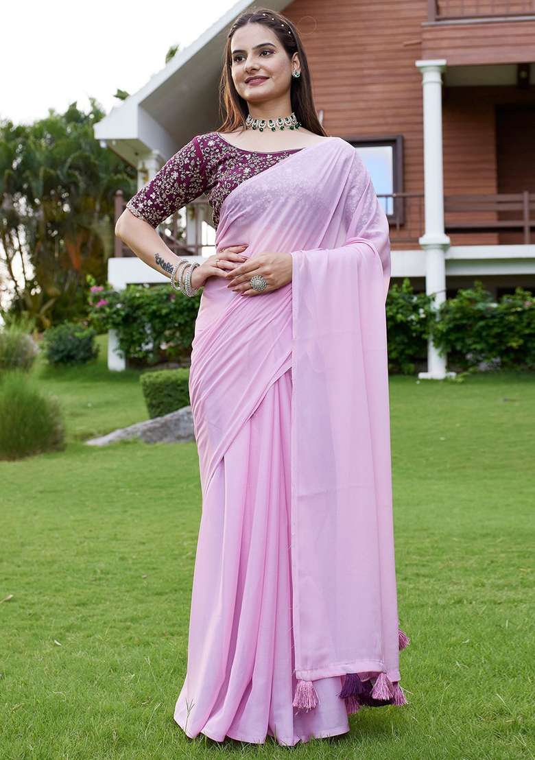 Pink Embroidered Georgette Saree Set - Indya