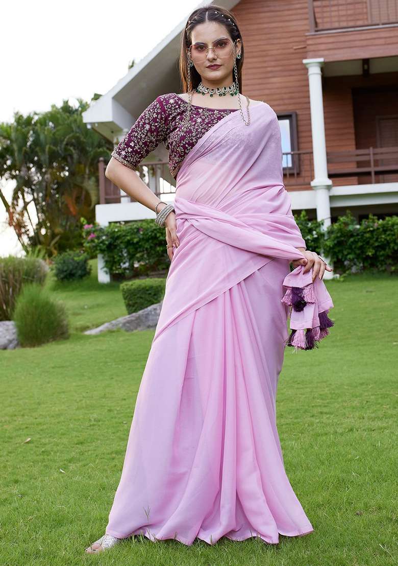 Pink Embroidered Georgette Saree Set - Indya