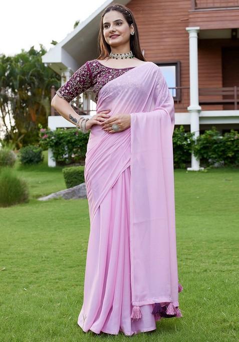 Pink Embroidered Georgette Saree Set