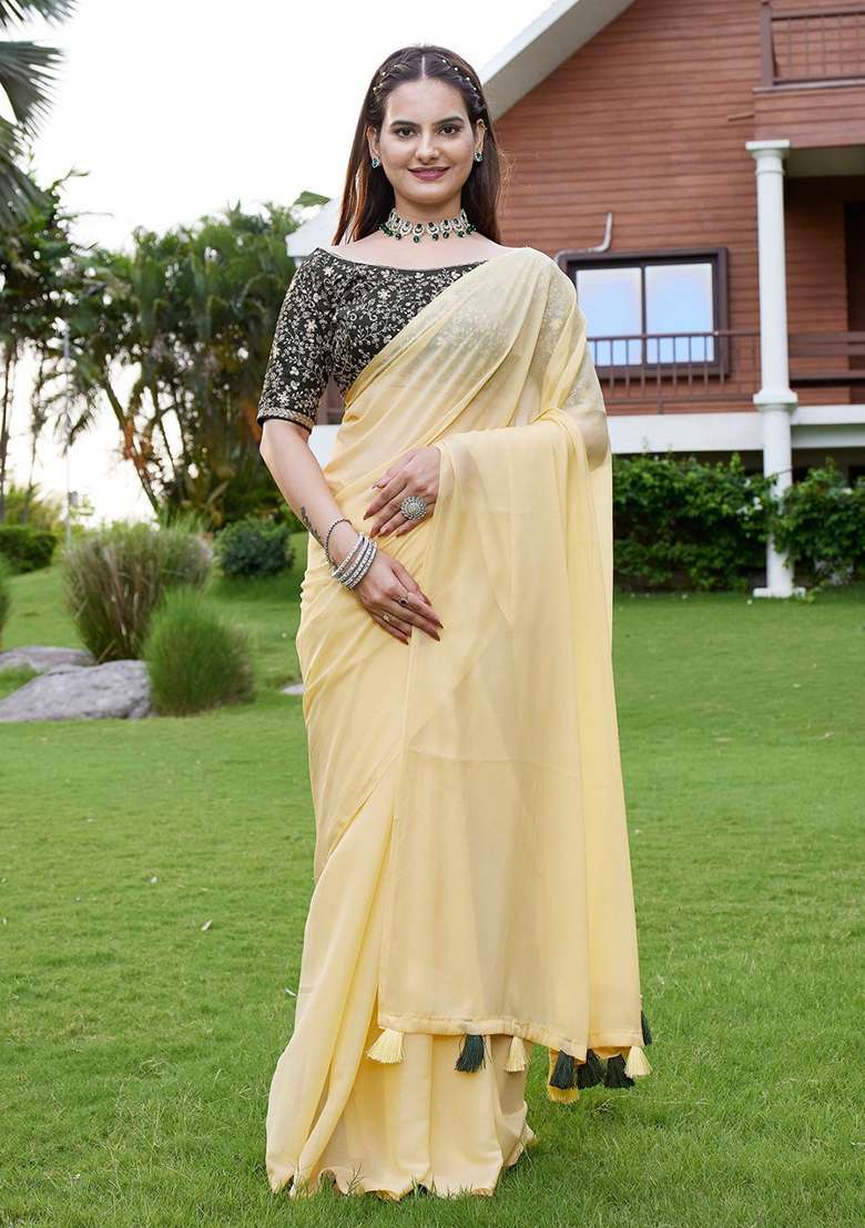 Yellow Embroidered Georgette Saree Set - Indya
