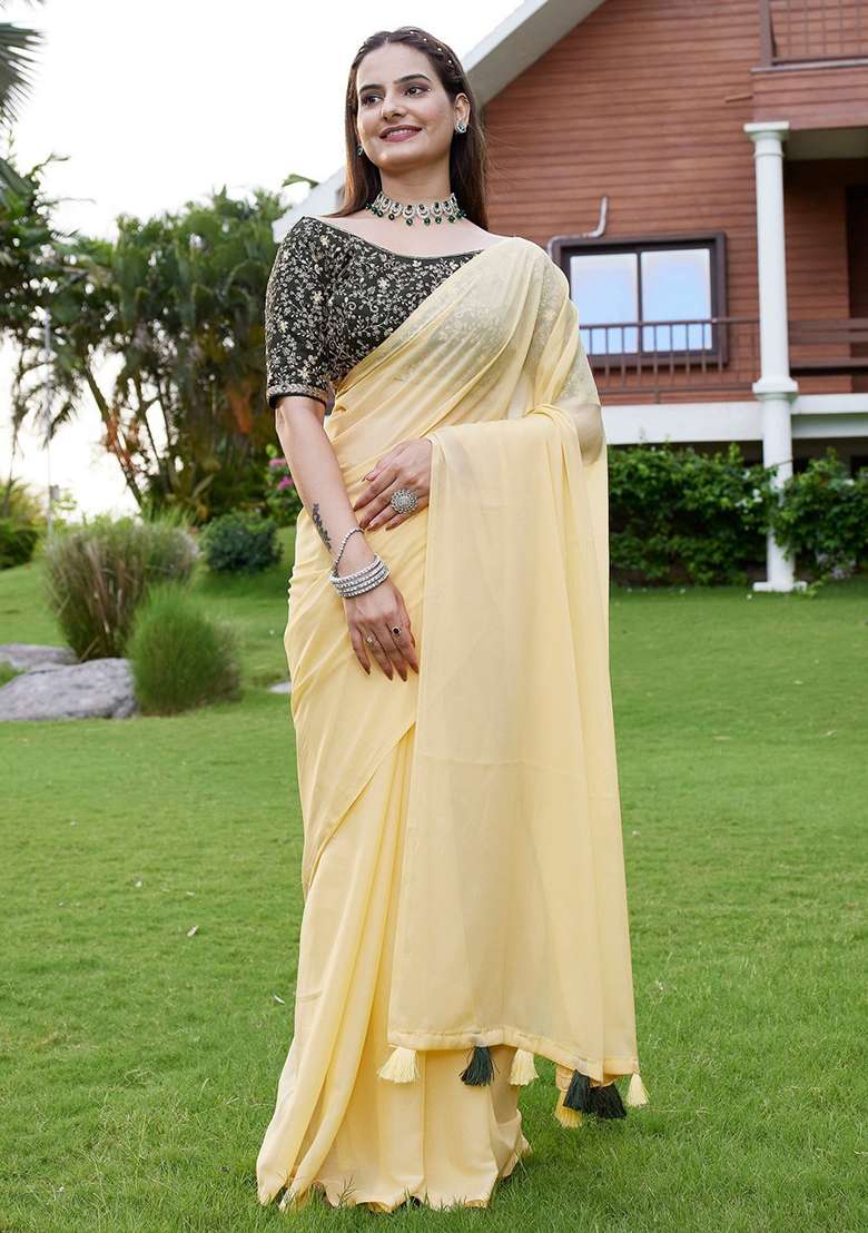 Yellow Embroidered Georgette Saree Set - Indya
