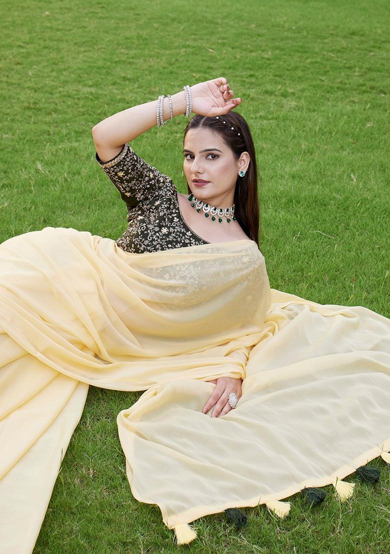 Yellow Embroidered Georgette Saree Set
