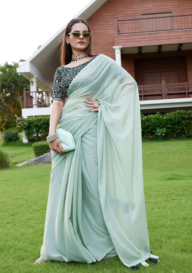 Pista Embroidered Georgette Saree Set - Indya