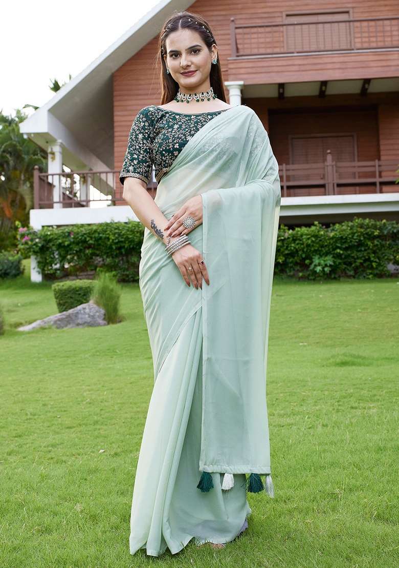 Pista Embroidered Georgette Saree Set - Indya