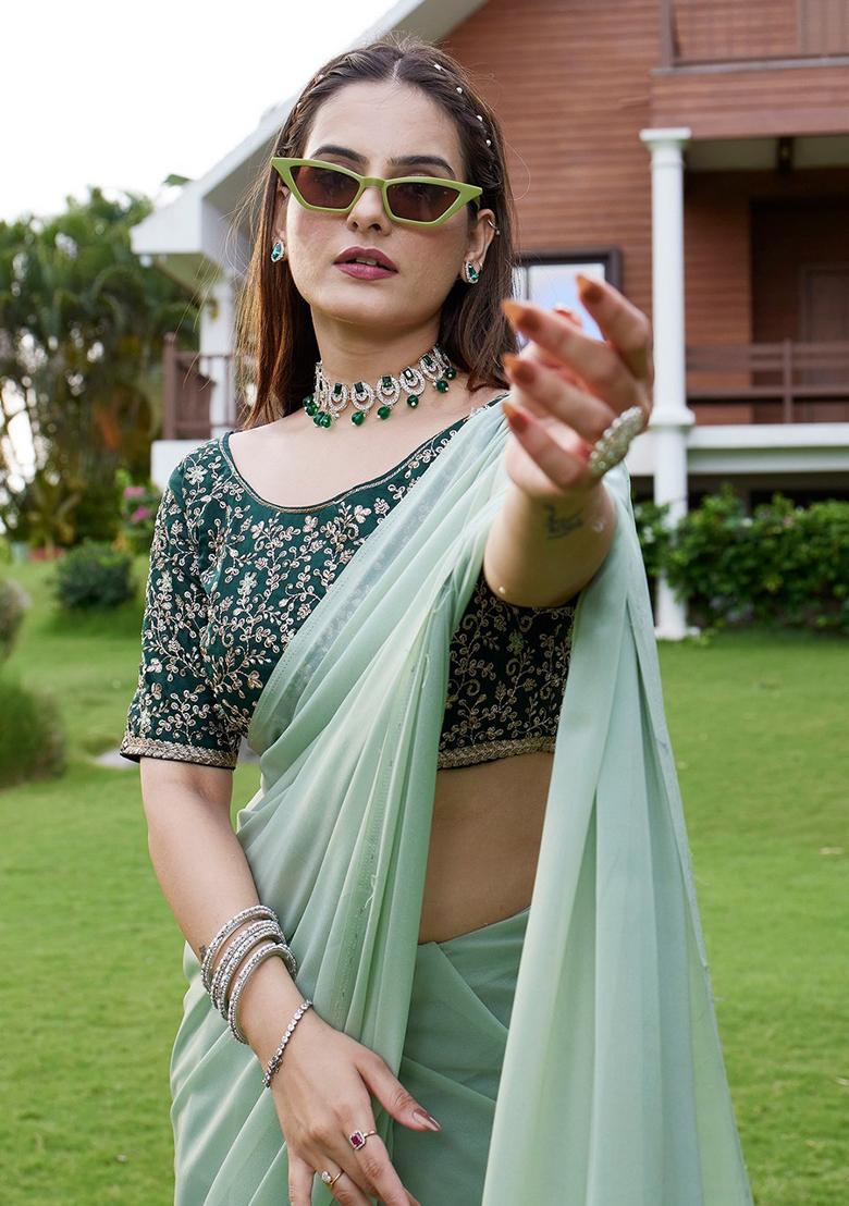 Pista Embroidered Georgette Saree Set