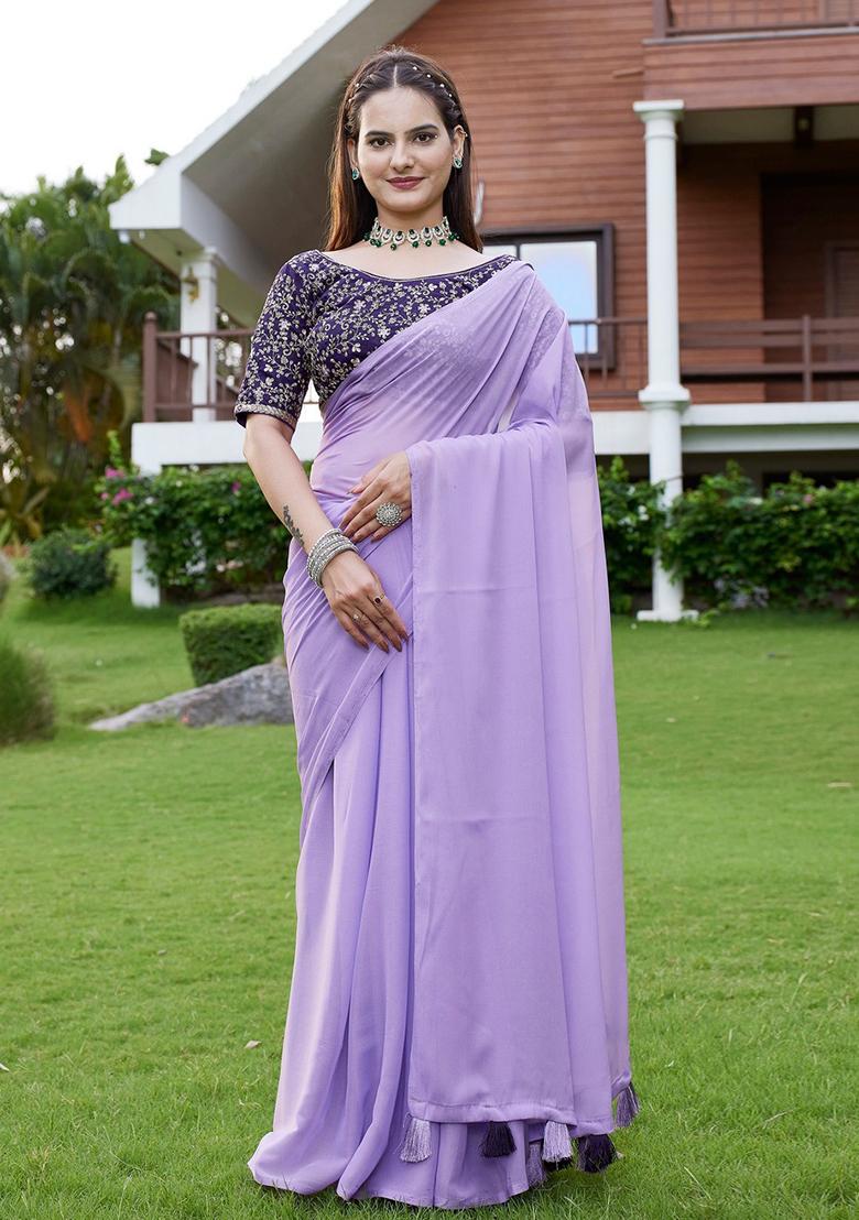 Purple Embroidered Georgette Saree Set