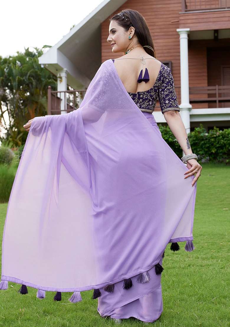 Purple Embroidered Georgette Saree Set - Indya