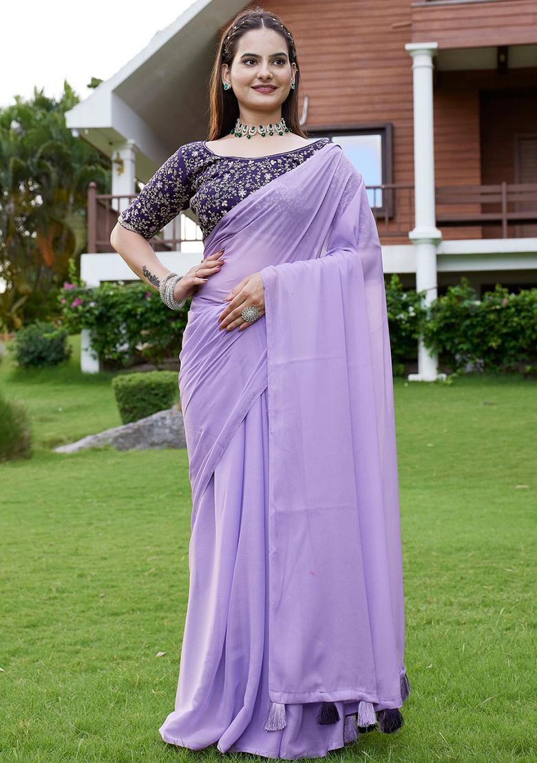 Purple Embroidered Georgette Saree Set