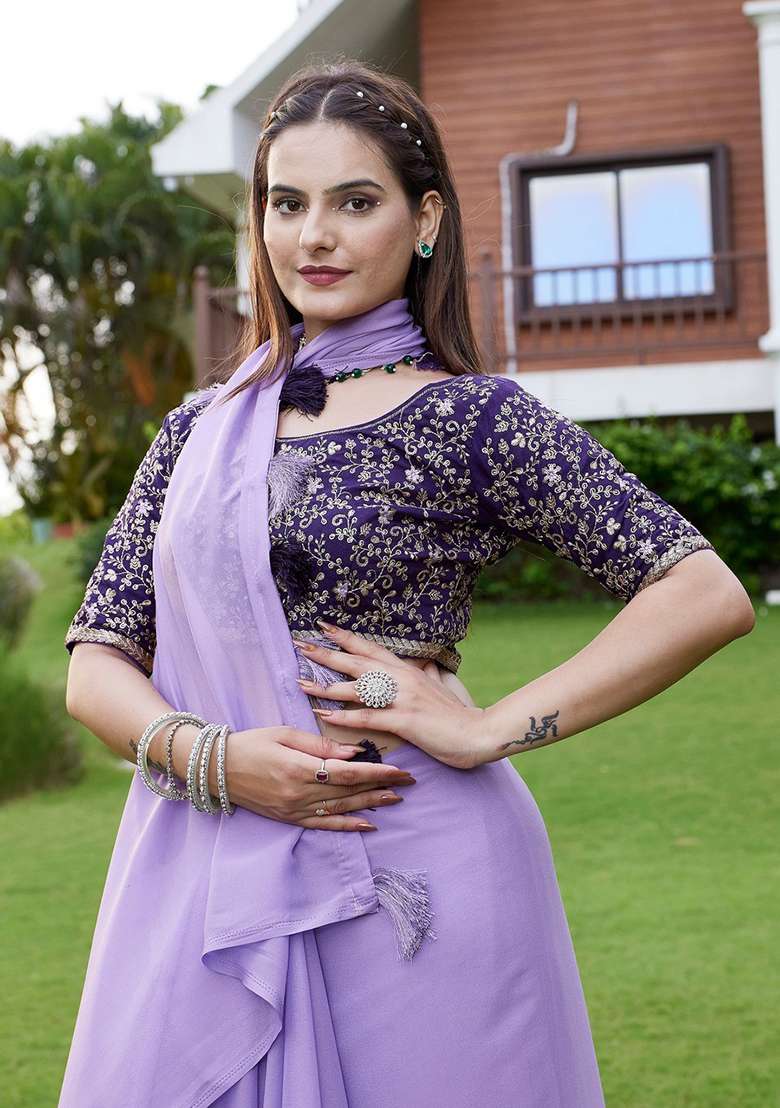 Purple Embroidered Georgette Saree Set - Indya