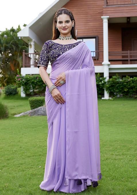 Purple Embroidered Georgette Saree Set