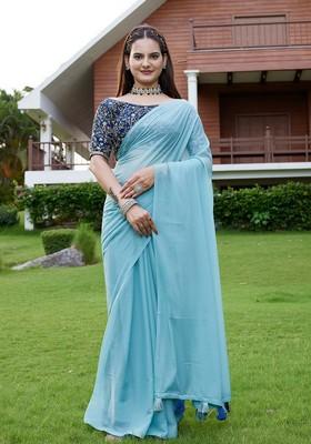 Sky Embroidered Georgette Saree Set