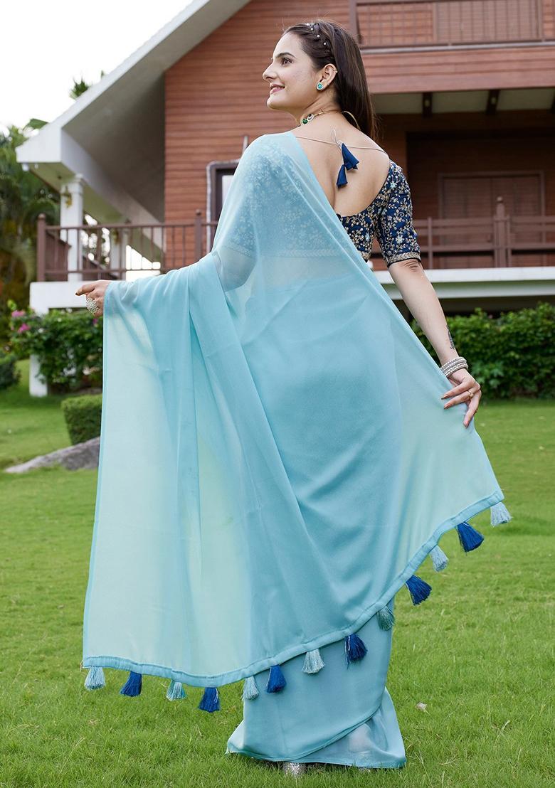 Sky Embroidered Georgette Saree Set