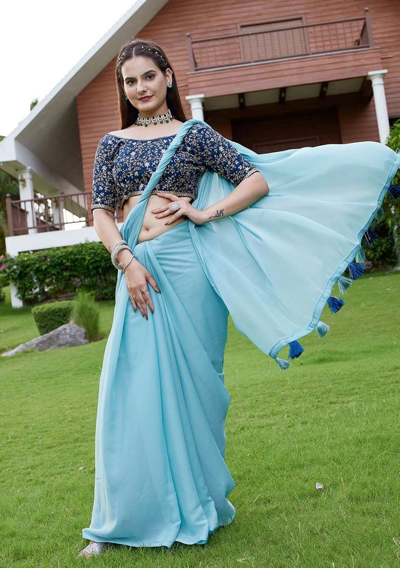 Sky Embroidered Georgette Saree Set - Indya
