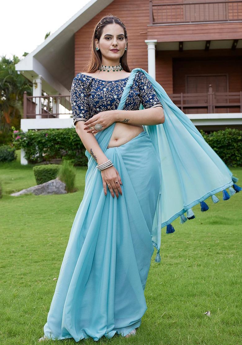 Sky Embroidered Georgette Saree Set
