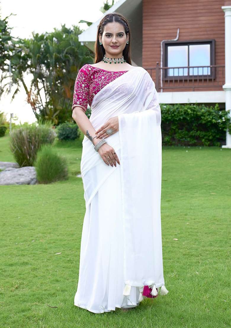 White Embroidered Georgette Saree Set - Indya