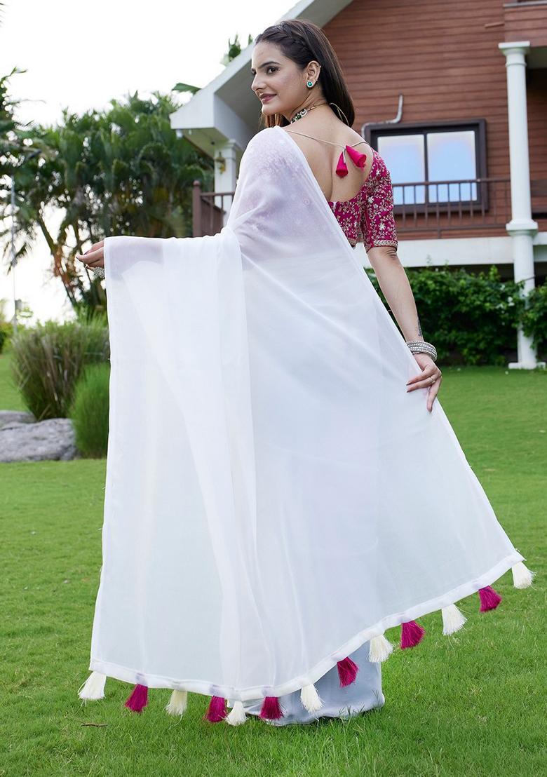 White Embroidered Georgette Saree Set