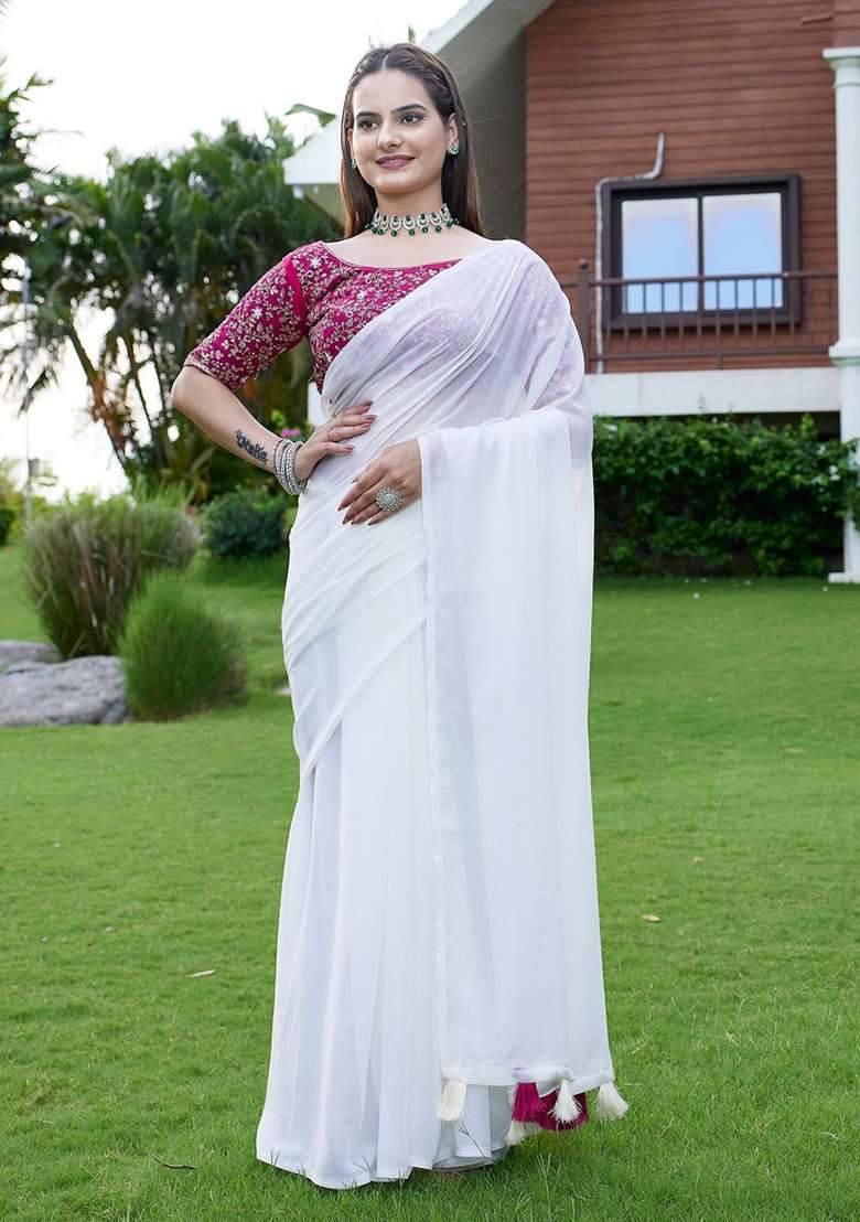 White Embroidered Georgette Saree Set - Indya