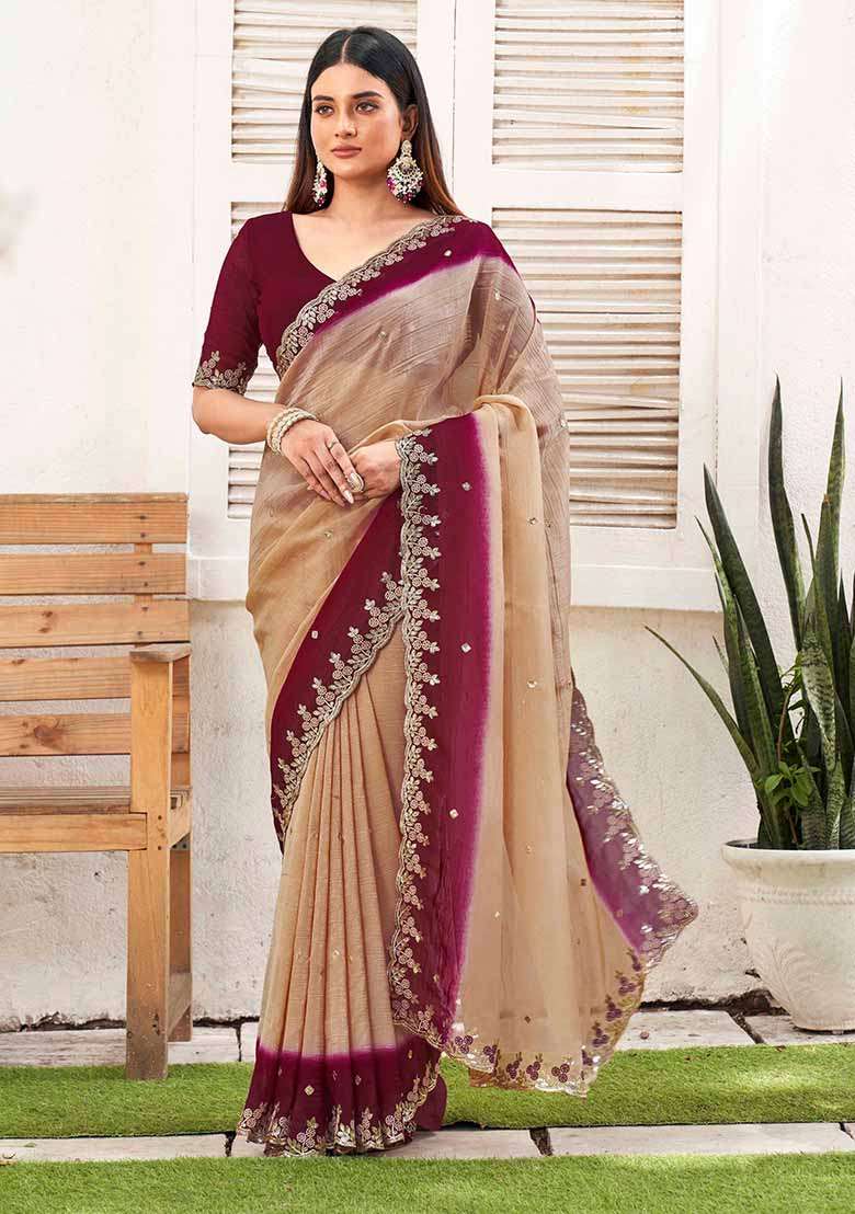Wine Embroidered Chiffon Saree Set - Indya