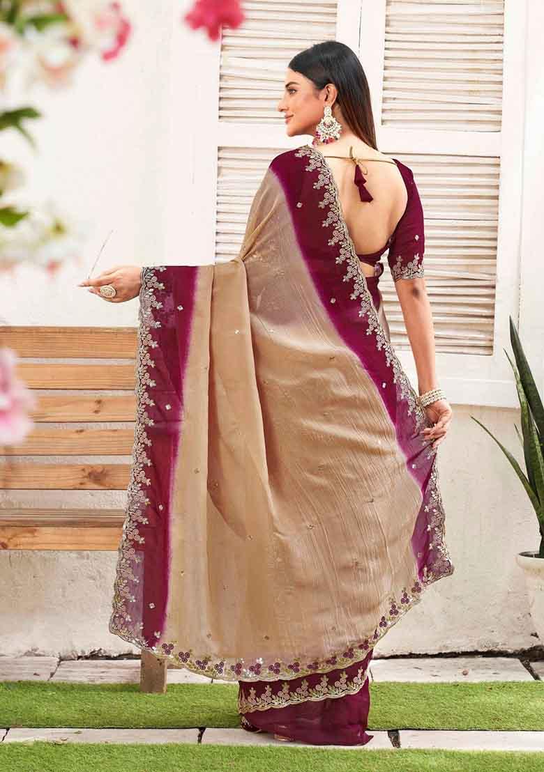 Wine Embroidered Chiffon Saree Set