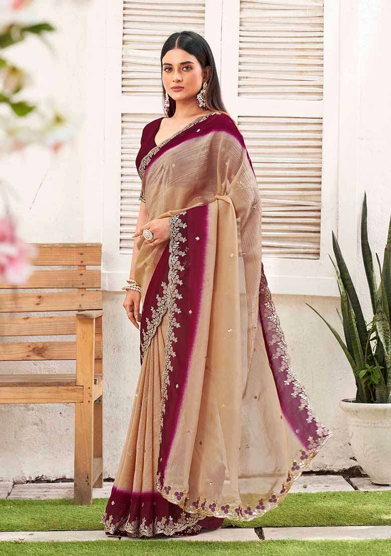 Wine Embroidered Chiffon Saree Set - Indya