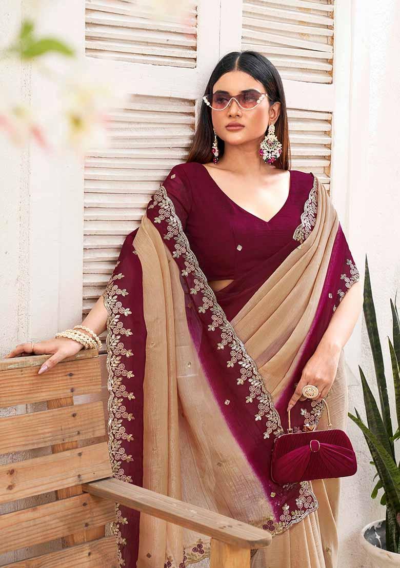 Wine Embroidered Chiffon Saree Set
