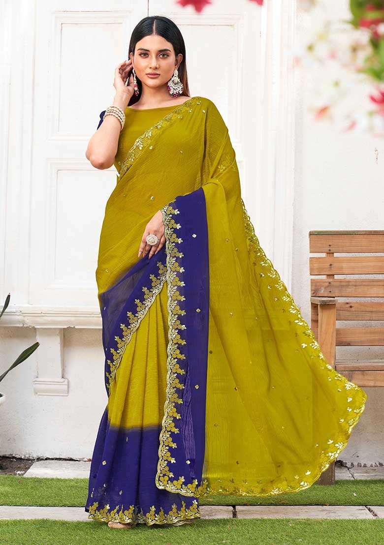 Purple Embroidered Chiffon Saree Set - Indya