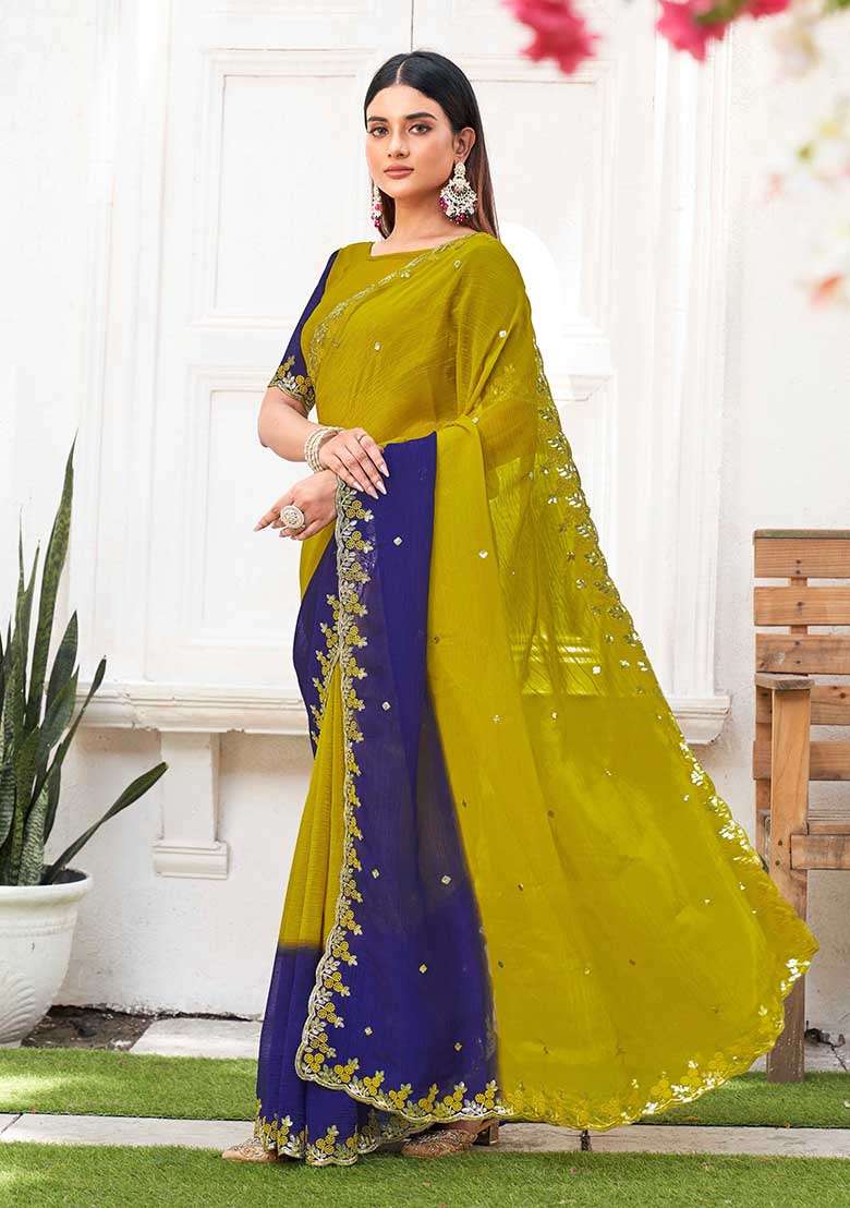 Purple Embroidered Chiffon Saree Set - Indya