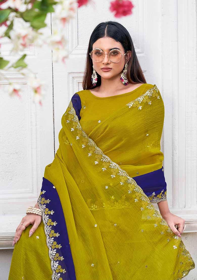 Purple Embroidered Chiffon Saree Set