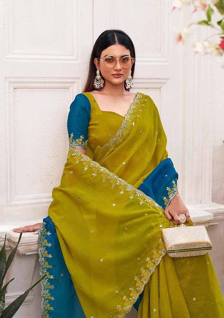 Rama Embroidered Chiffon Saree Set