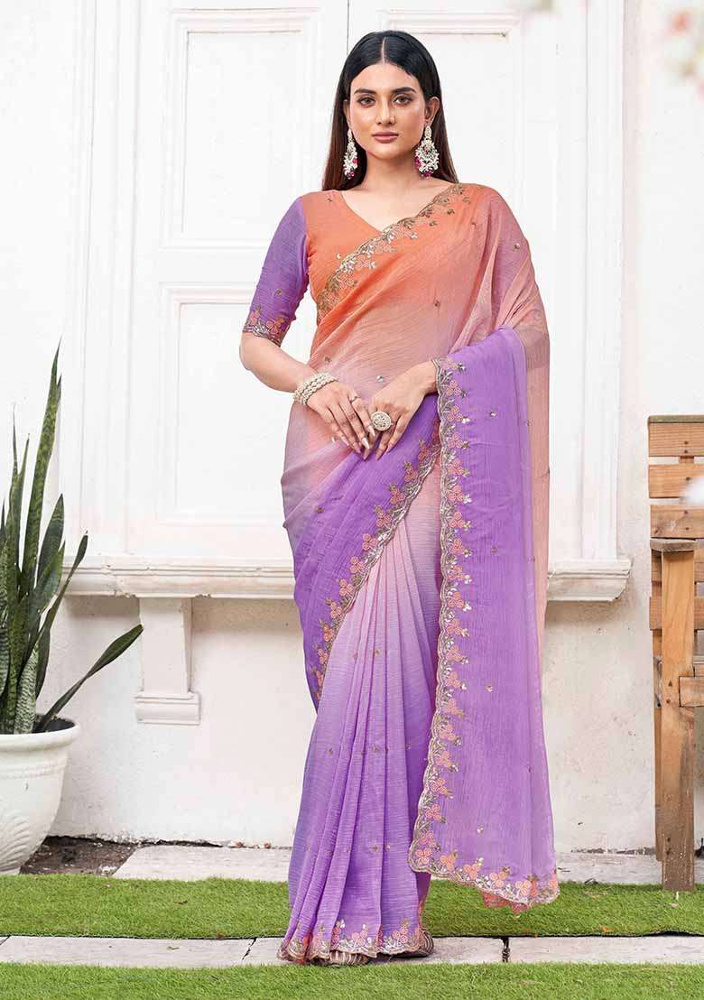 Purple Embroidered Chiffon Saree Set - Indya