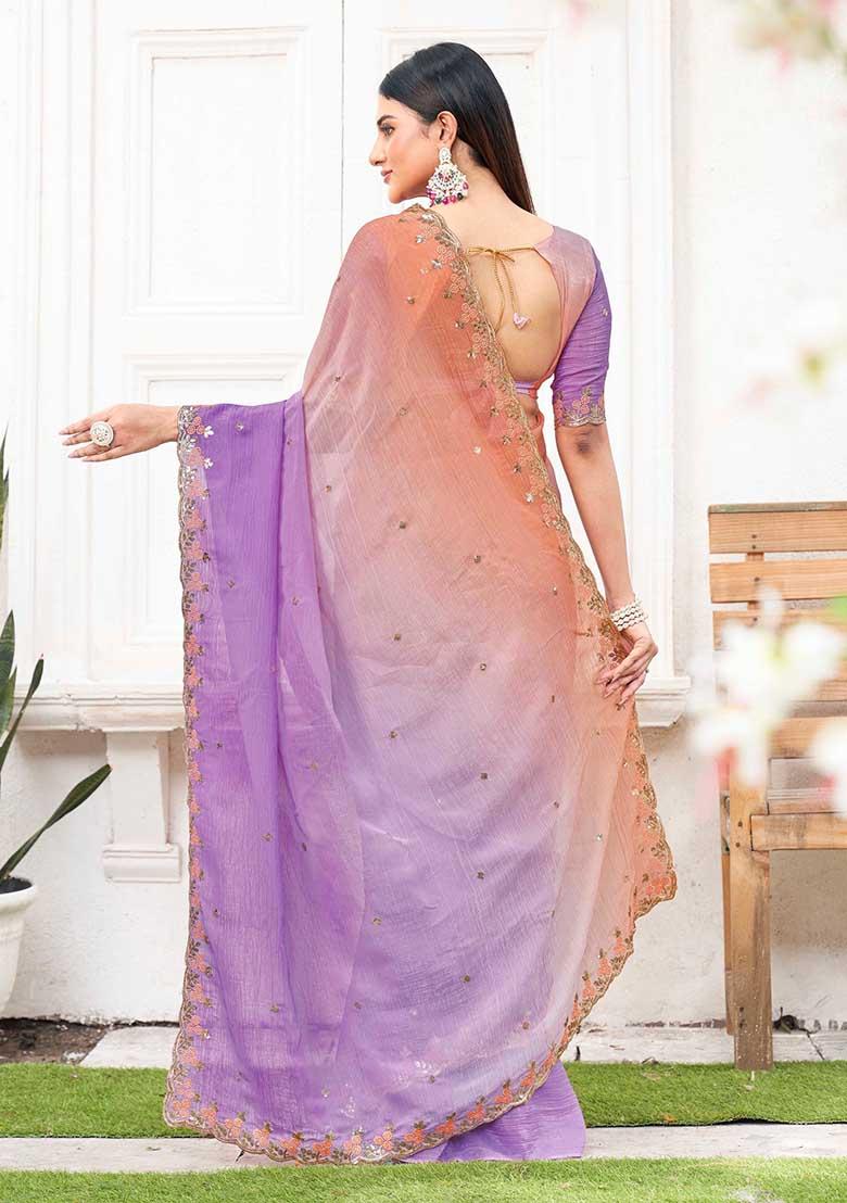 Purple Embroidered Chiffon Saree Set