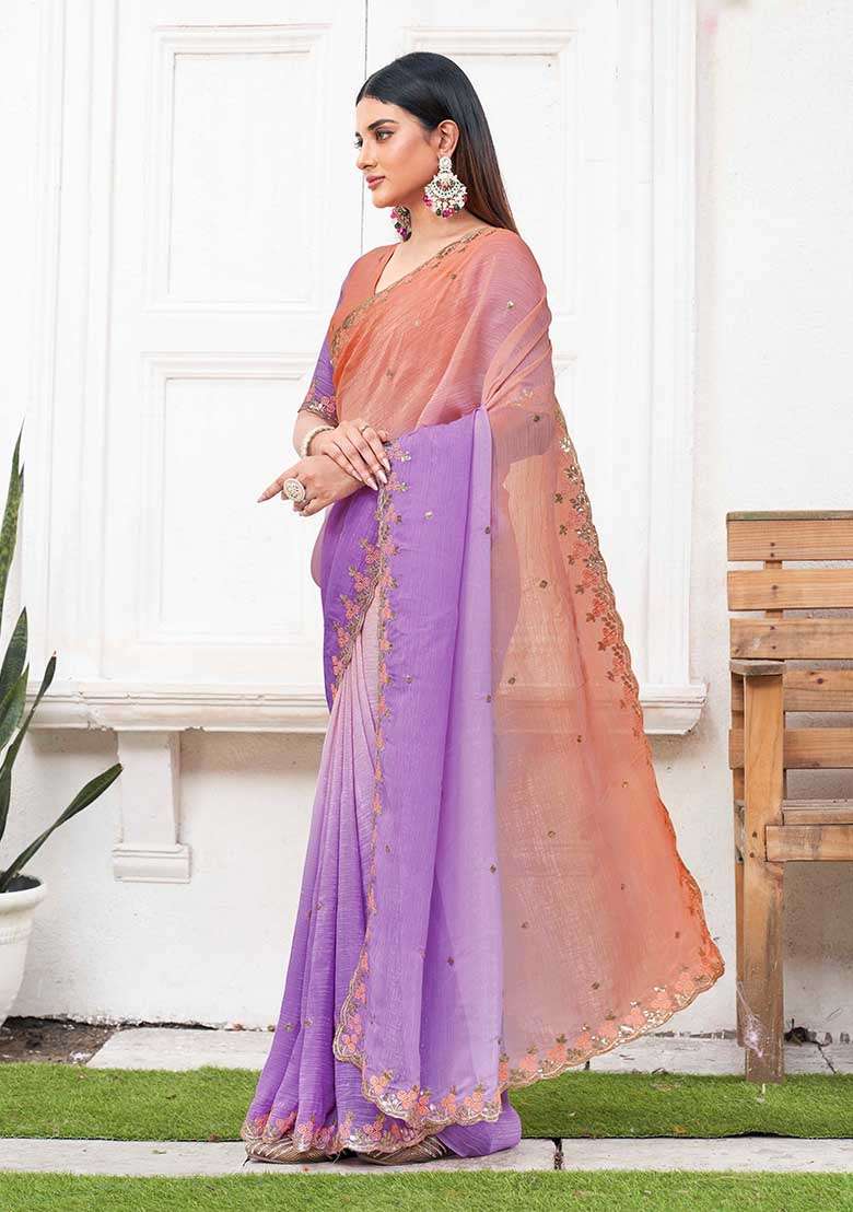 Purple Embroidered Chiffon Saree Set - Indya