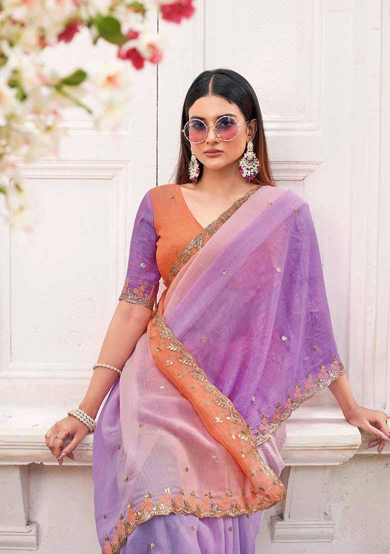 Purple Embroidered Chiffon Saree Set