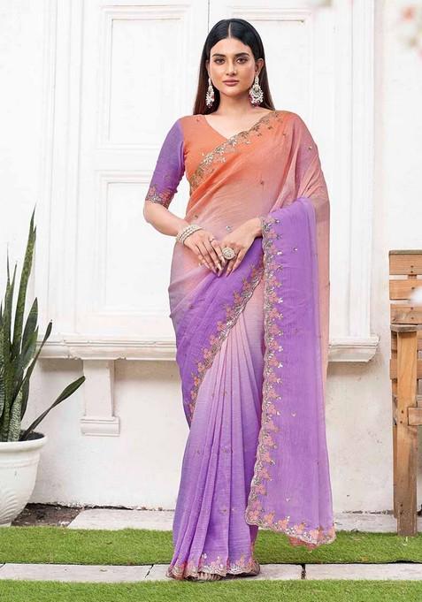 Purple Embroidered Chiffon Saree Set