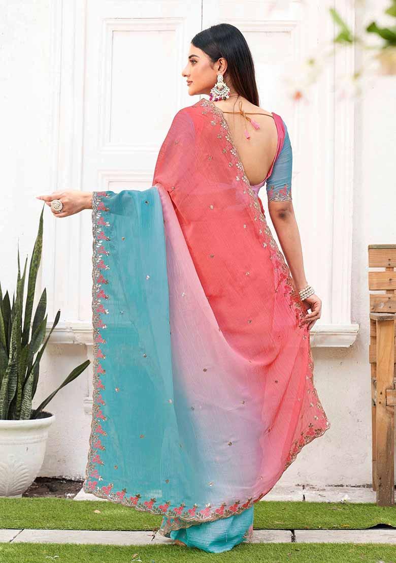 Sky Embroidered Chiffon Saree Set