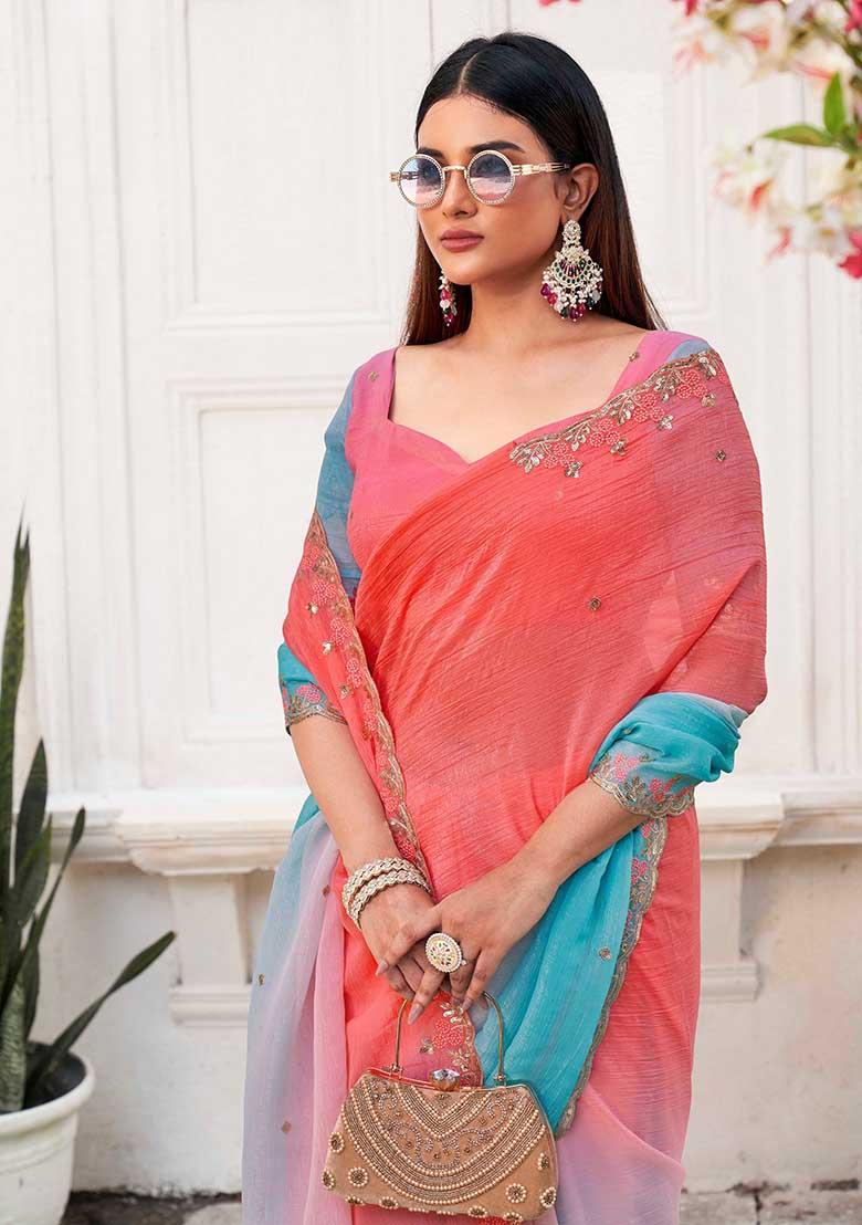 Sky Embroidered Chiffon Saree Set