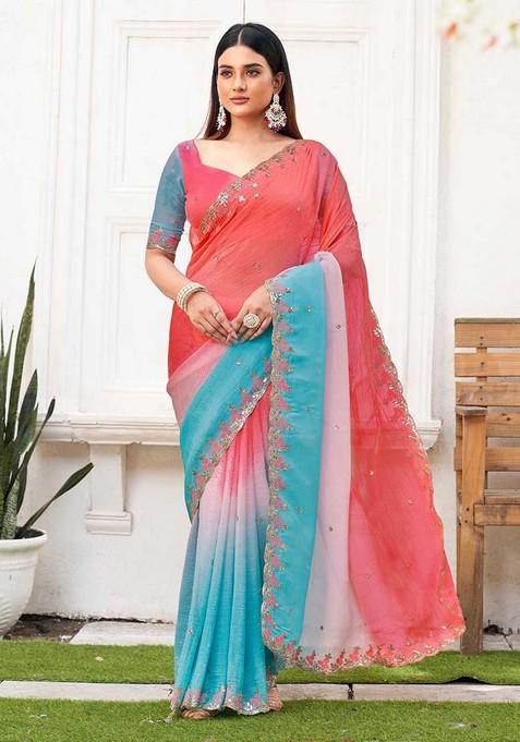 Sky Embroidered Chiffon Saree Set