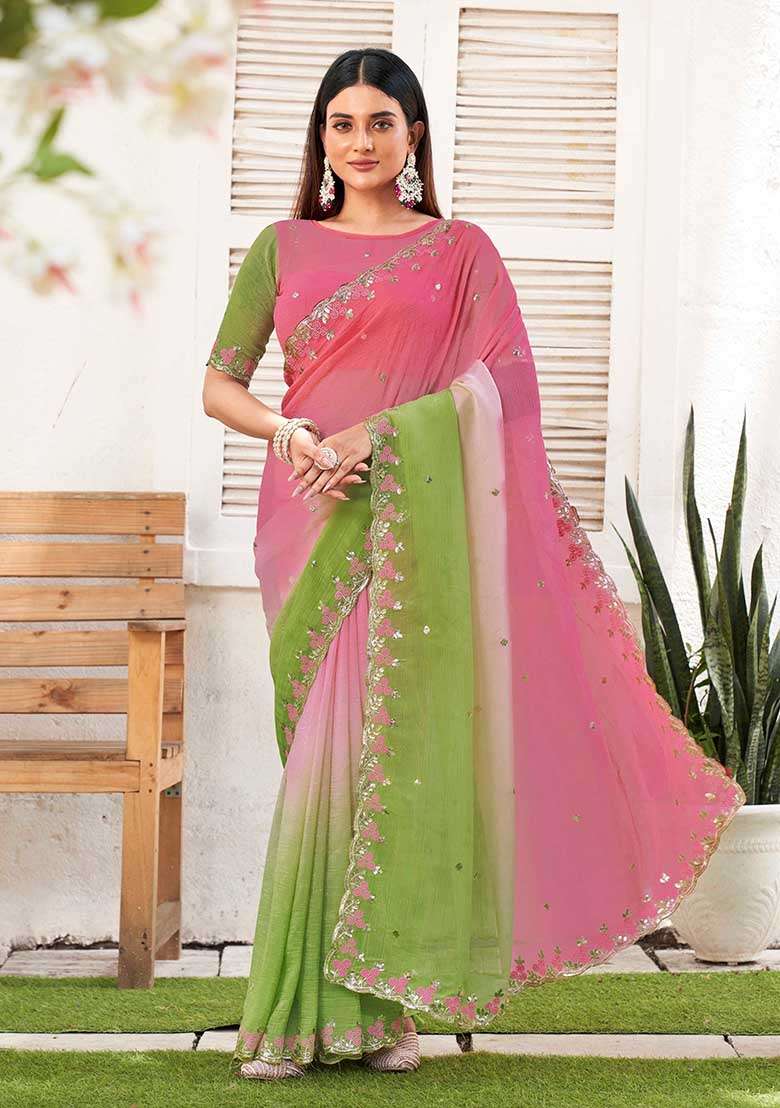 Pista Embroidered Chiffon Saree Set - Indya