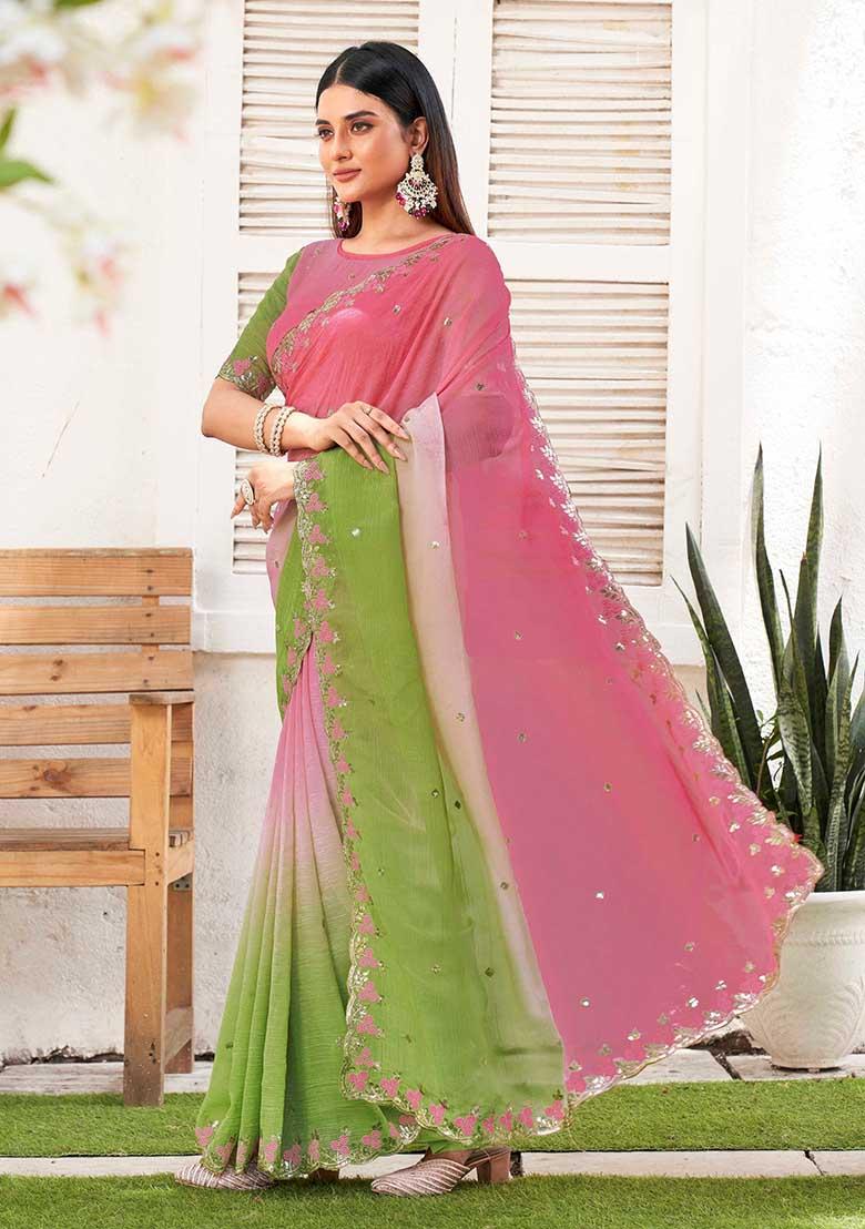 Pista Embroidered Chiffon Saree Set