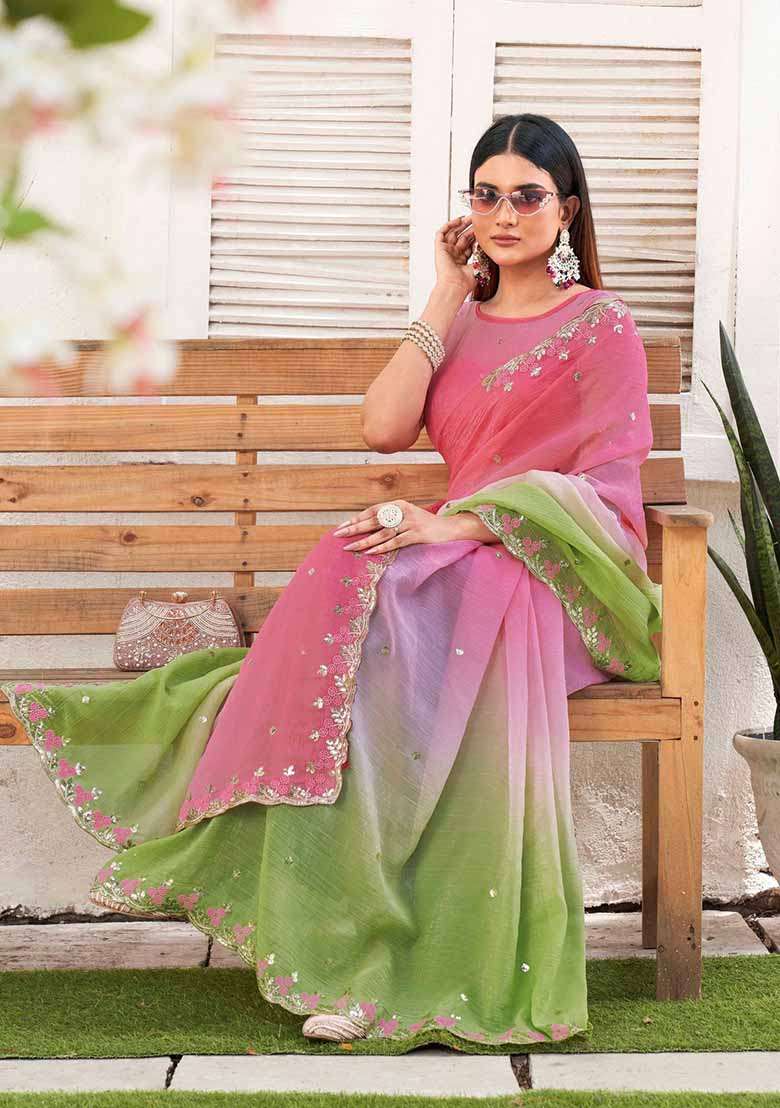 Pista Embroidered Chiffon Saree Set - Indya