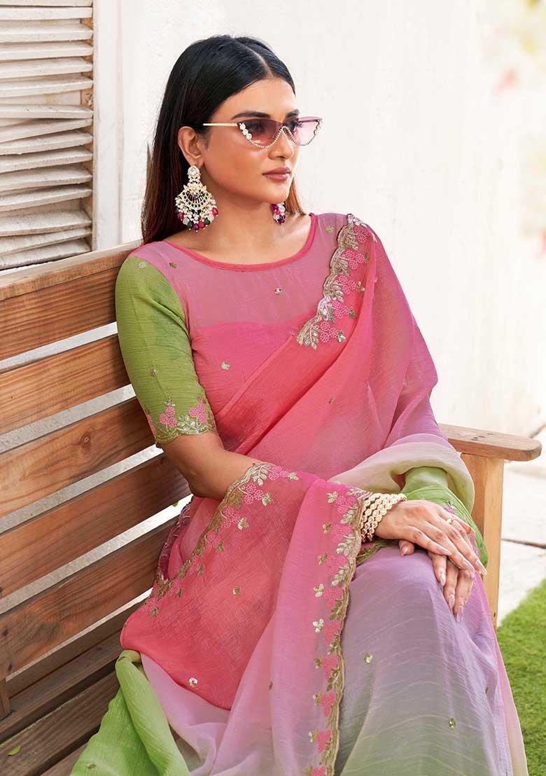 Pista Embroidered Chiffon Saree Set