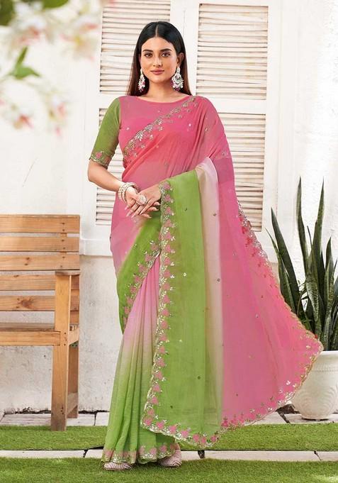 Pista Embroidered Chiffon Saree Set