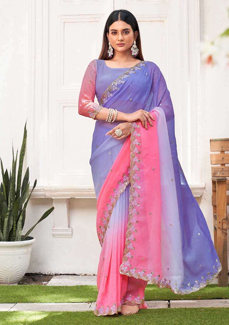Pink Embroidered Chiffon Saree Set - Indya