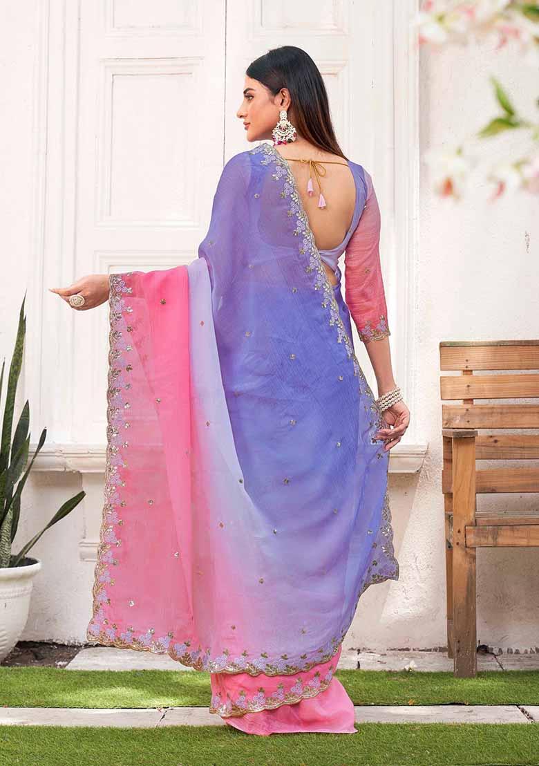 Pink Embroidered Chiffon Saree Set