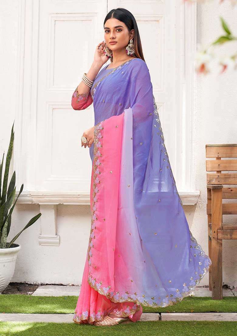 Pink Embroidered Chiffon Saree Set - Indya